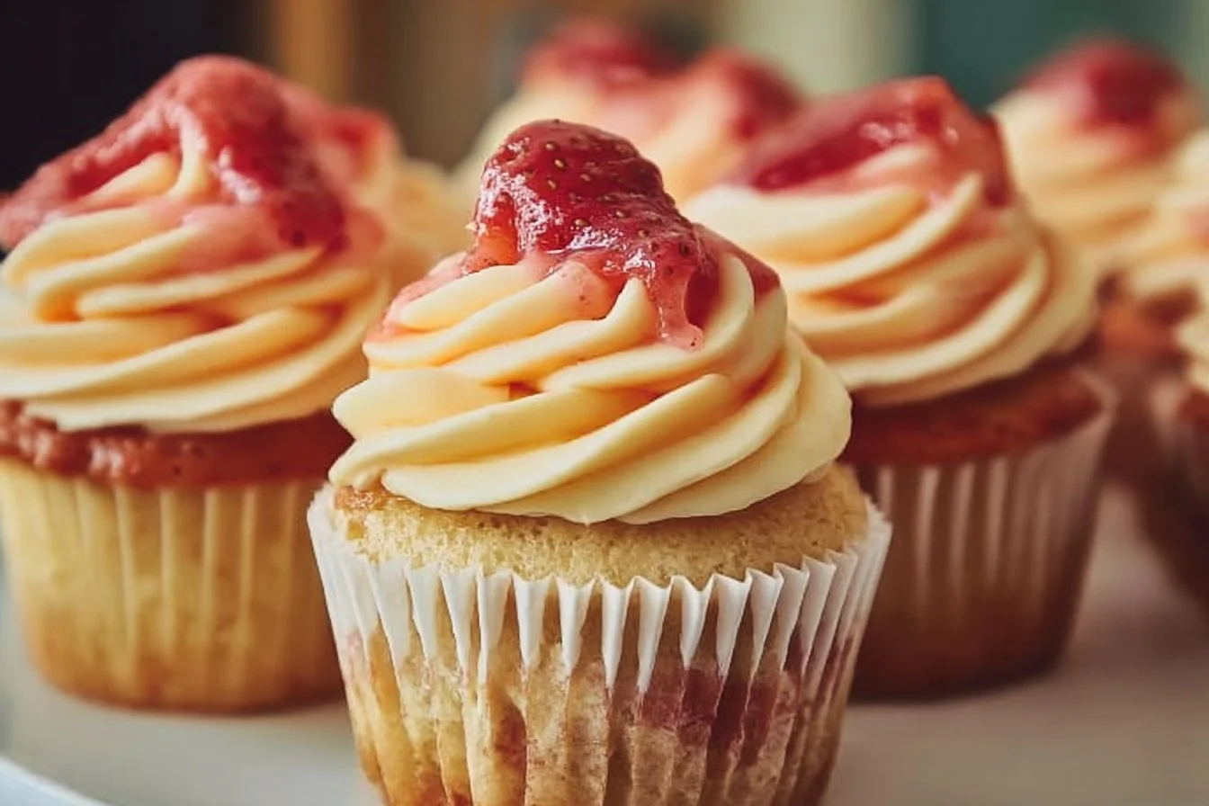 Delicious mango strawberry cupcakes with vibrant frosting and tropical toppings.