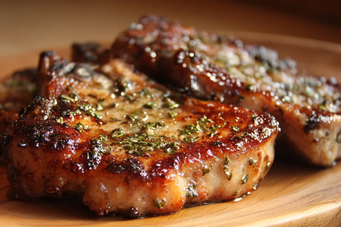 Maple glazed pork chops served with a side of vegetables on a plate