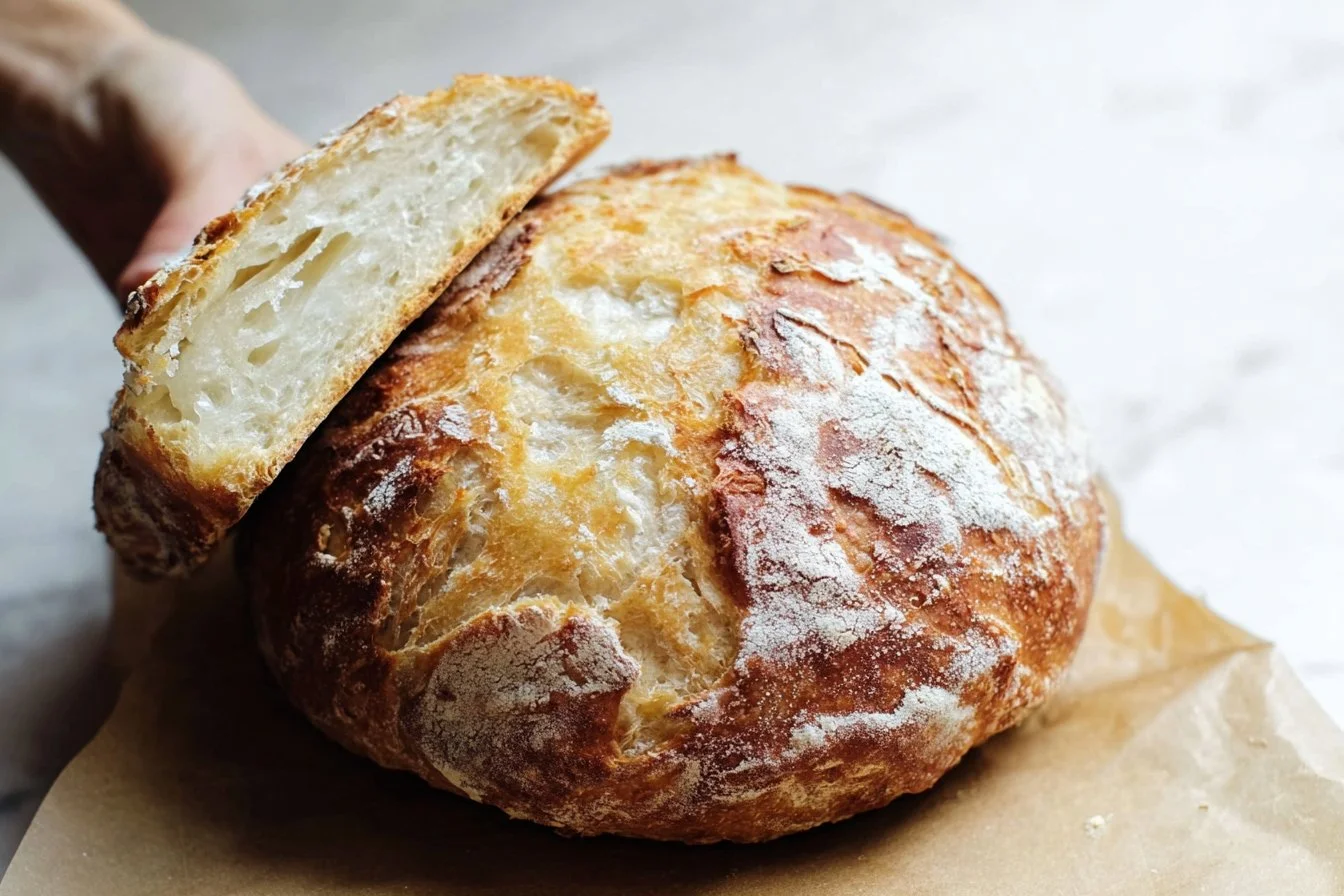 Loaf of homemade Miracle No-Knead Bread freshly baked on a wooden board.