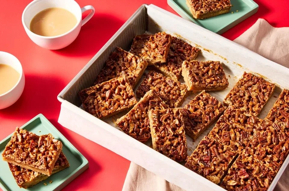 Homemade pecan pie bars with a crunchy topping and caramel filling