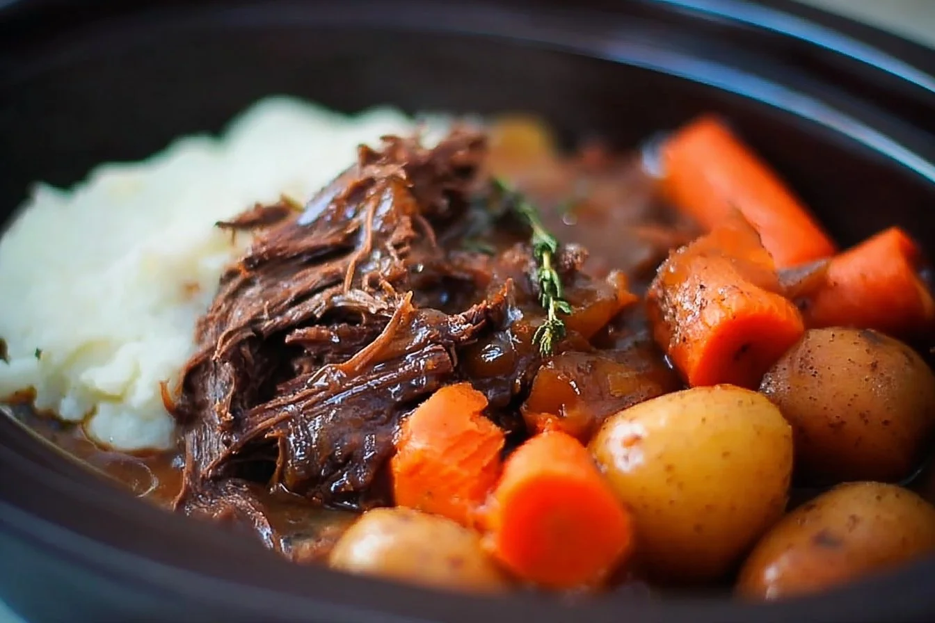 Delicious pot roast served with vegetables and herbs in a rustic setting.