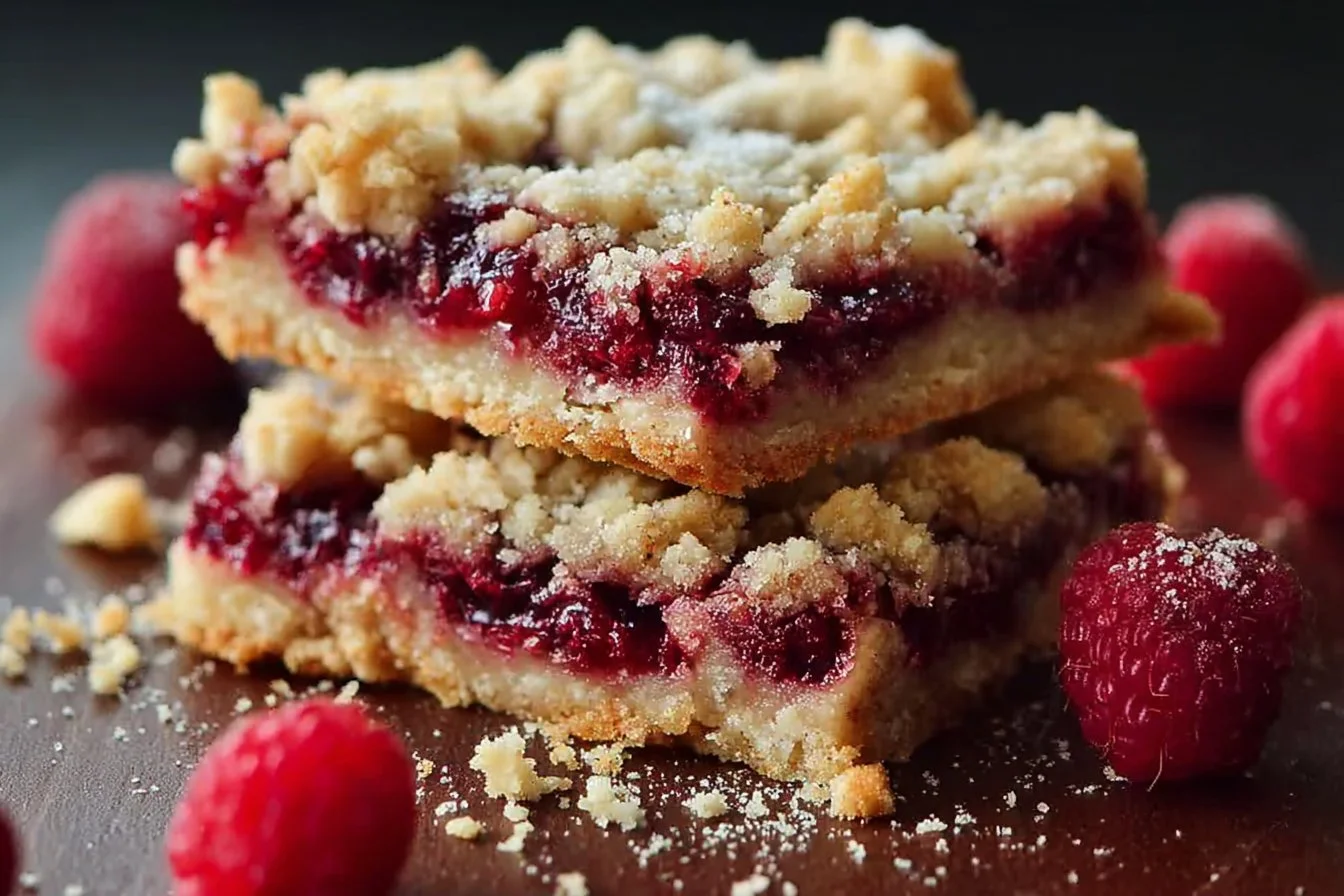 Freshly baked raspberry crumble bars with a golden crumble topping