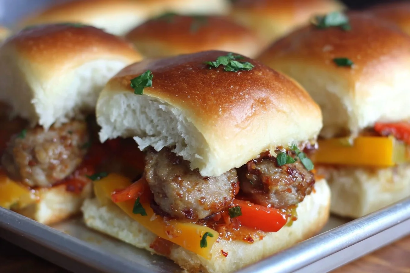 Sausage and Pepper Sliders served on a platter with fresh toppings.