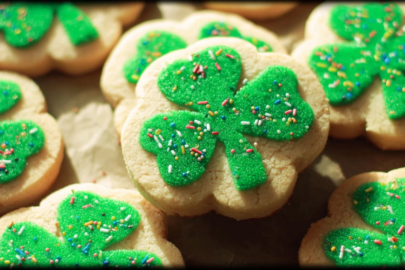 Delicious decorated St Patrick's Day cookies with green icing and lucky charms