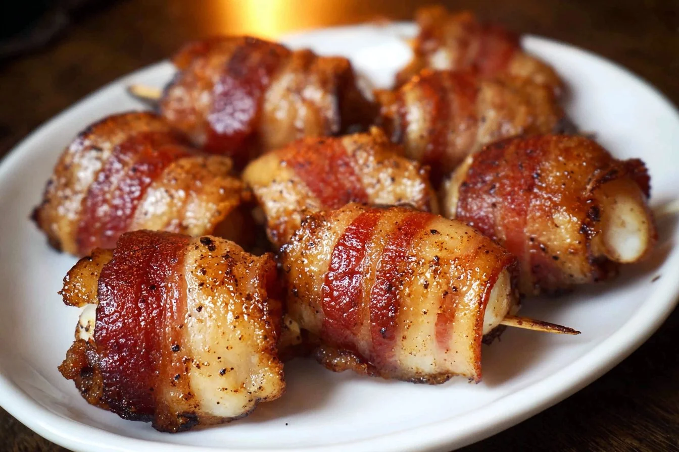 Delicious sweet chicken bacon wraps with crispy bacon and tender chicken pieces.