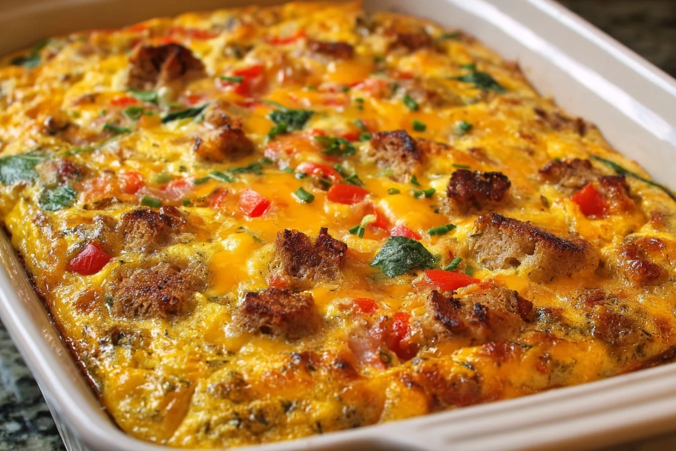 Delicious breakfast casserole topped with cheese and vegetables.