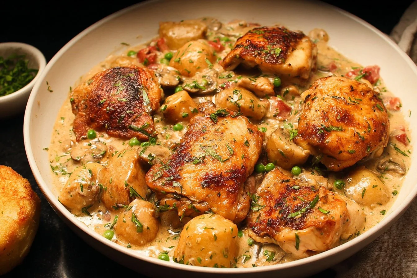 Delicious chicken à la king served in a creamy sauce with vegetables.