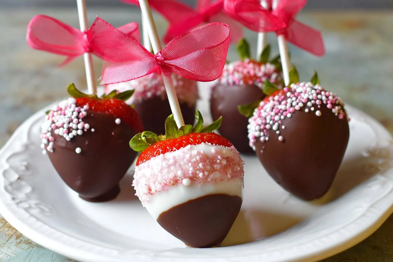 Delicious chocolate dipped strawberries on a white plate, showcasing a tasty dessert.