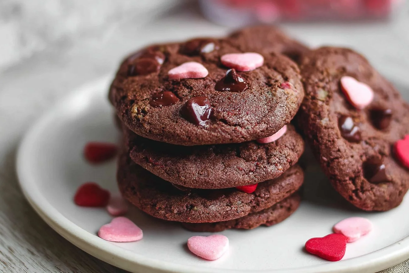 Delicious Chocolate Valentine Cookies decorated with heart-shaped sprinkles
