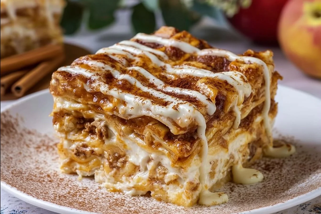 Delicious cinnamon roll apple lasagna served on a plate with cinnamon and apples