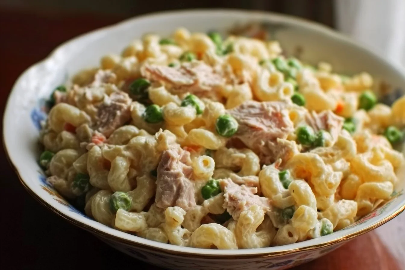 Bowl of classic creamy tuna macaroni salad with fresh vegetables and herbs