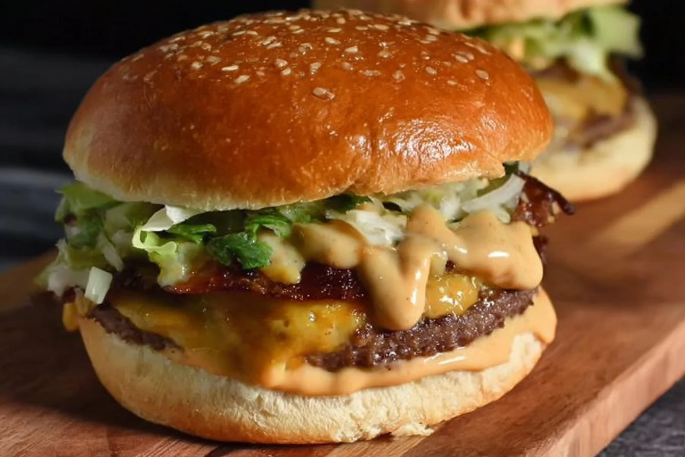 A delicious bowl of homemade Copycat Big Mac Sauce with burgers in the background.