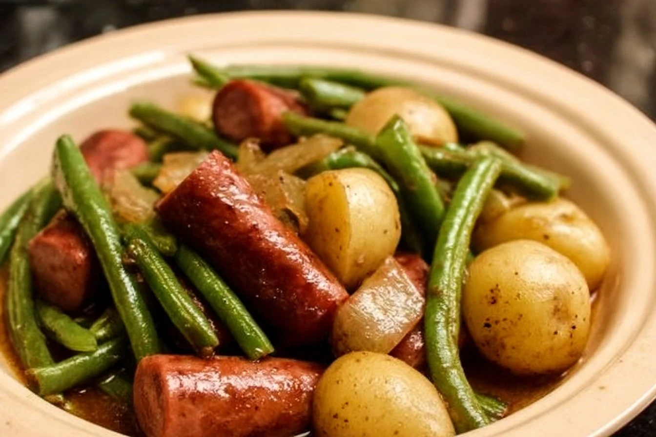 Crockpot Smokies Potato Green Bean Dinner served in a bowl