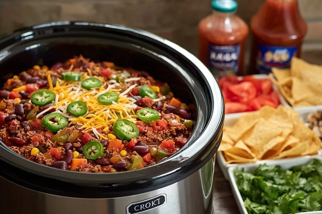 Crockpot Taco Mix cooking in a slow cooker with ingredients visible.