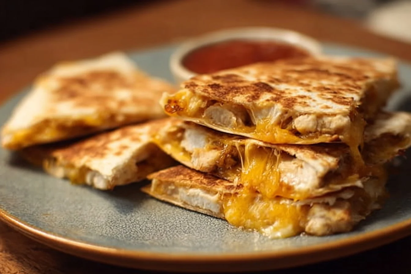 Gooey cheesy chicken quesadilla bites served on a plate