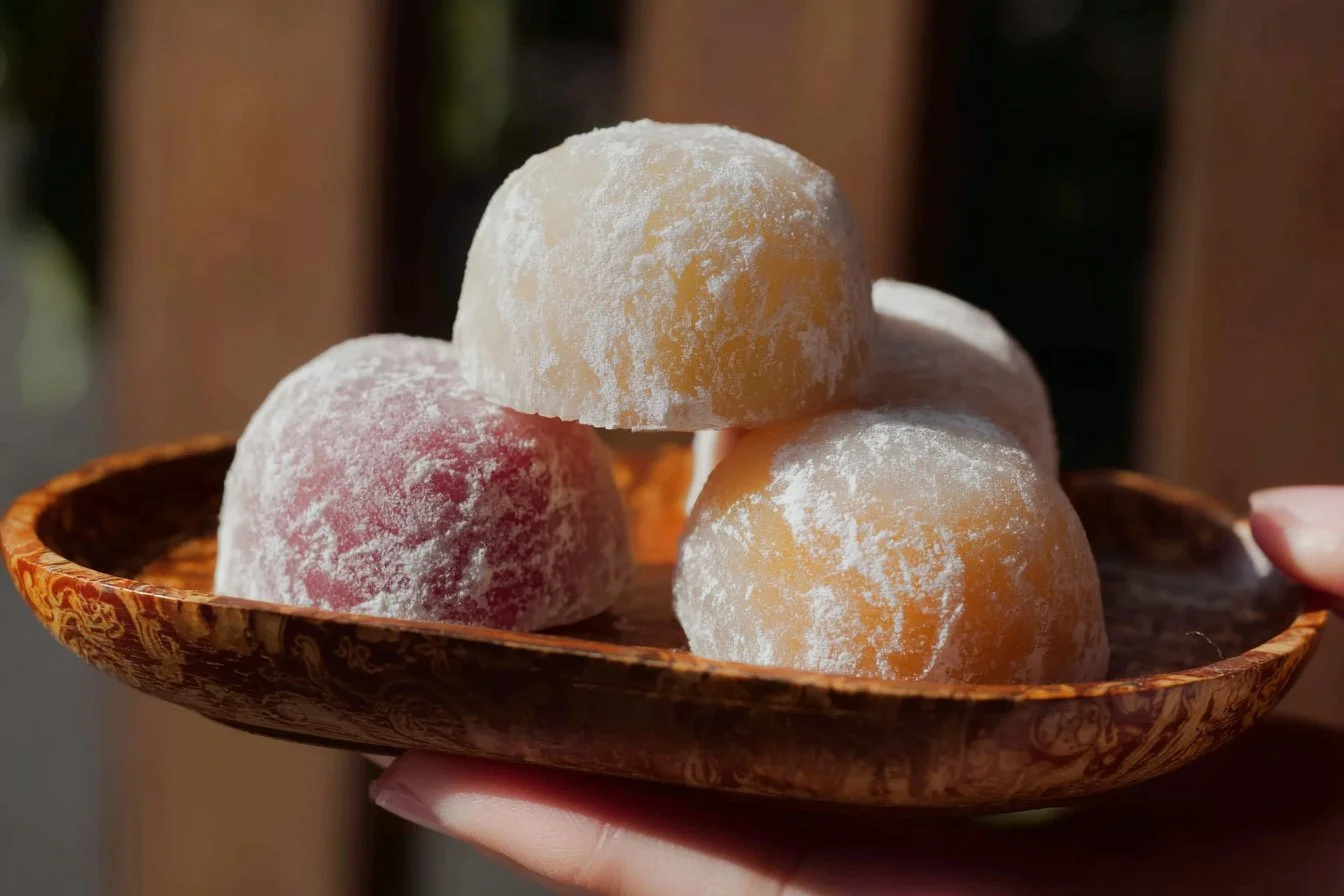 Delicious homemade mochi ready to be served in colorful shapes