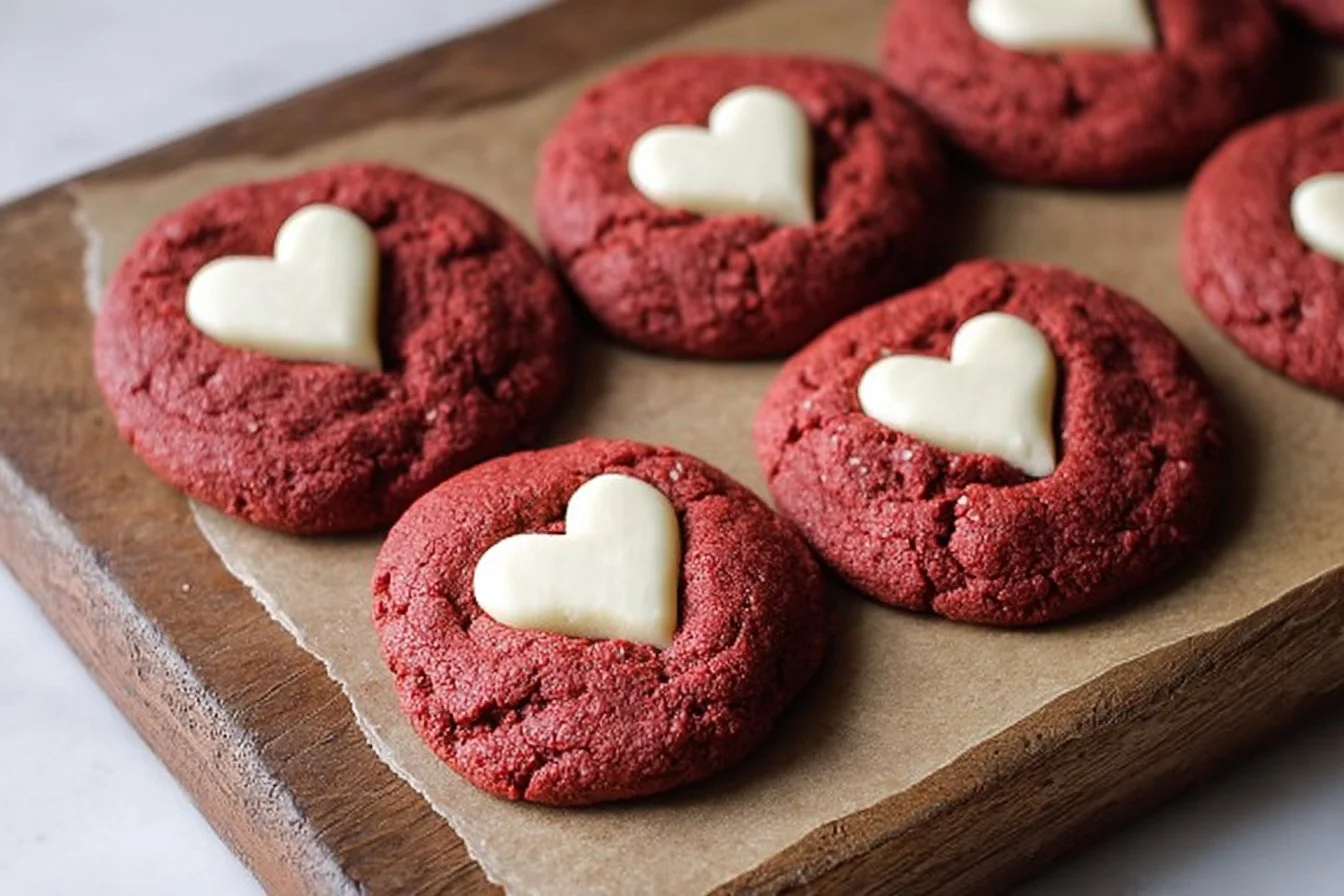 Red velvet cookies adorned with white chocolate hearts on a plate