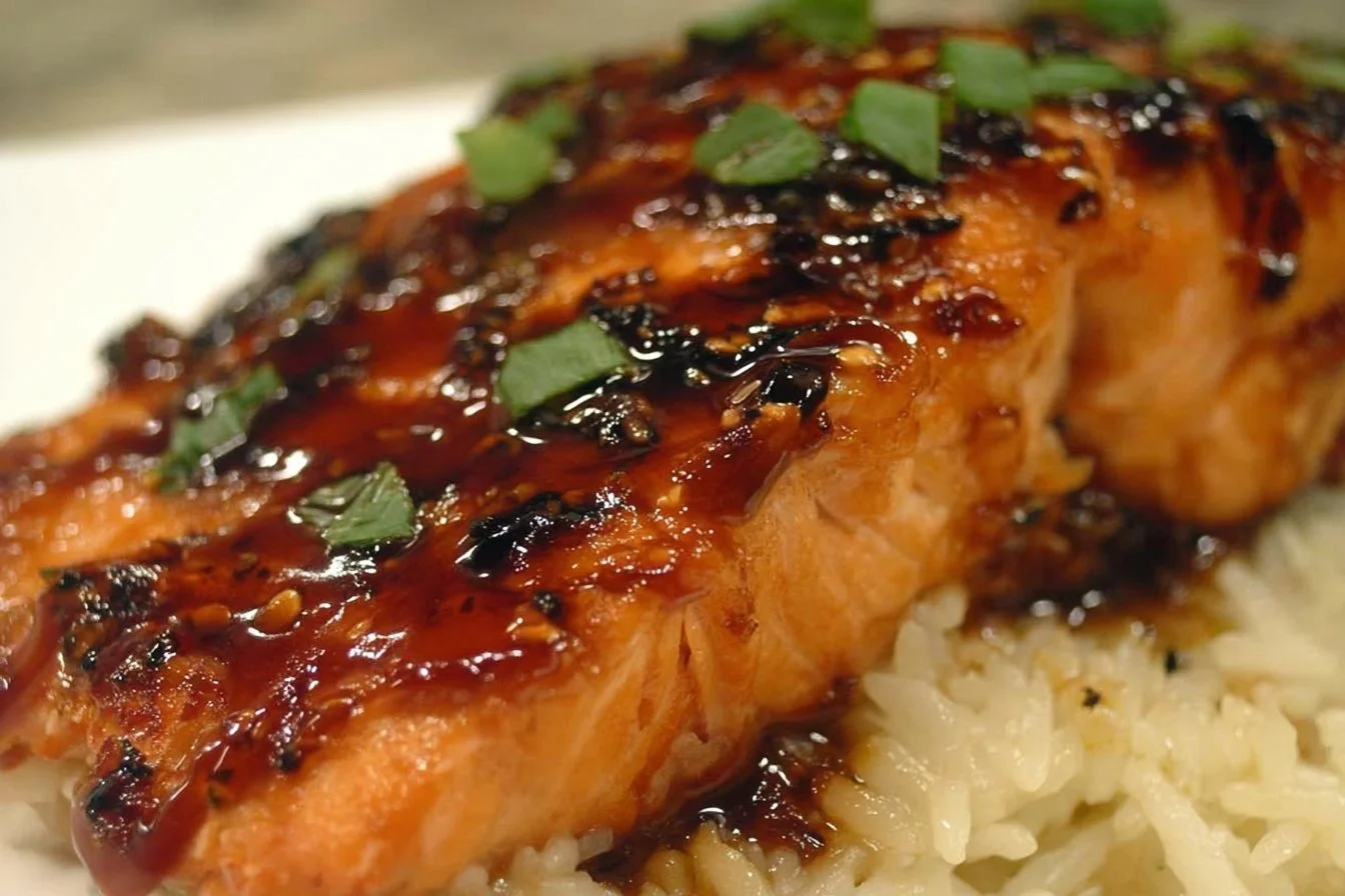 Delicious spicy hoisin-glazed salmon on a plate garnished with herbs