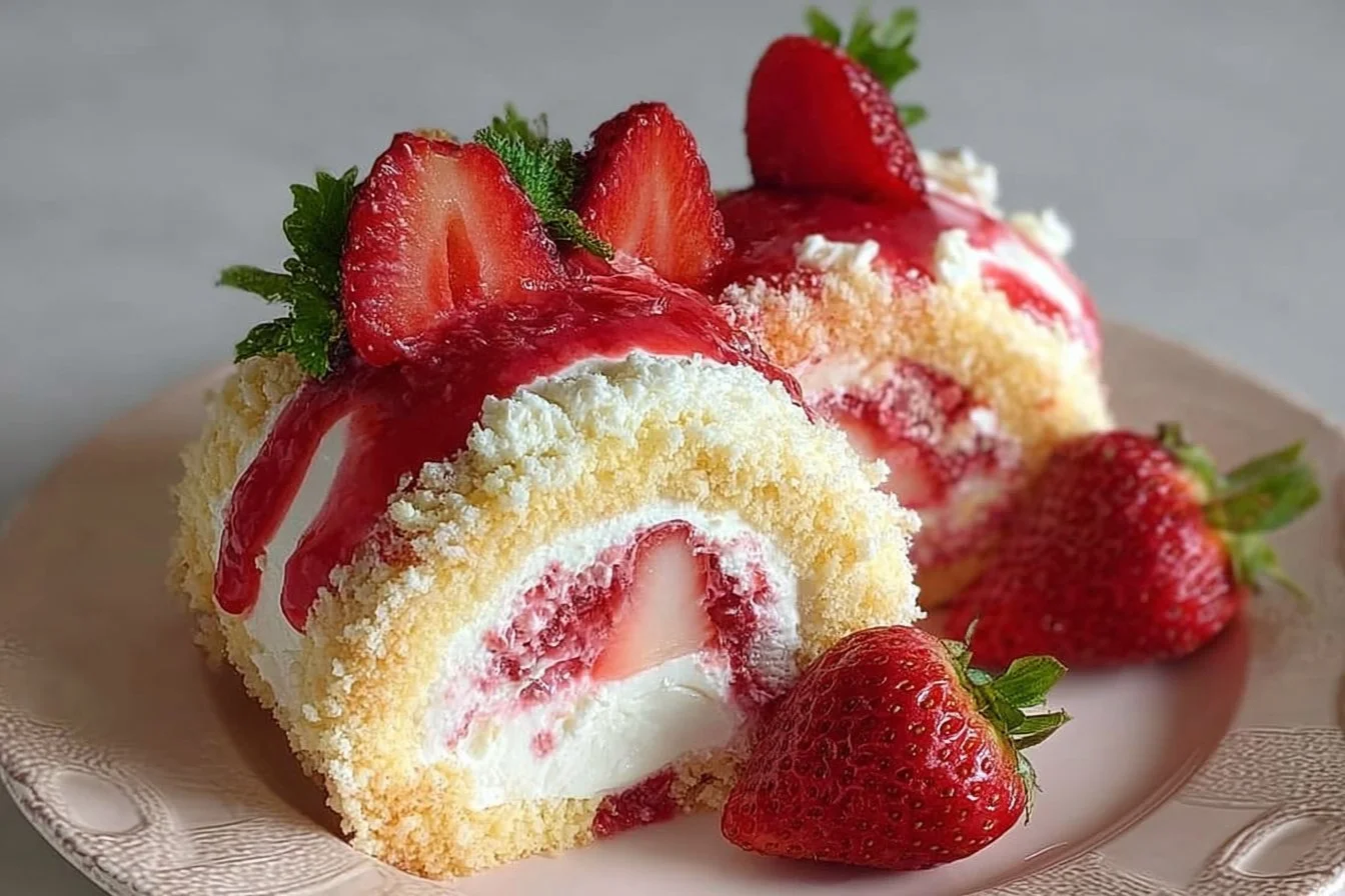 Delicious strawberry shortcake cheesecake rolls on a plate