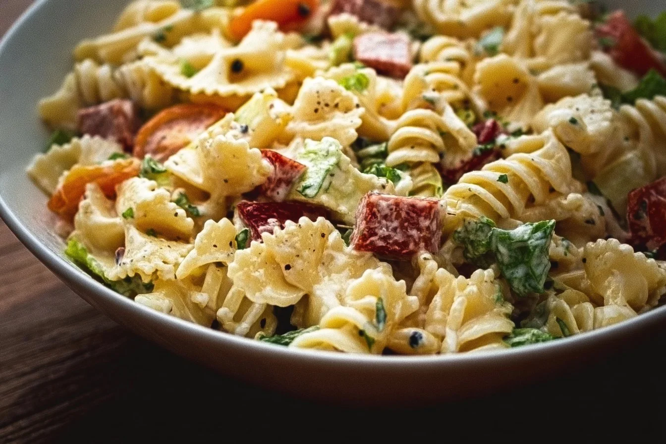 A bowl of creamy Italian pasta salad with colorful vegetables and herbs