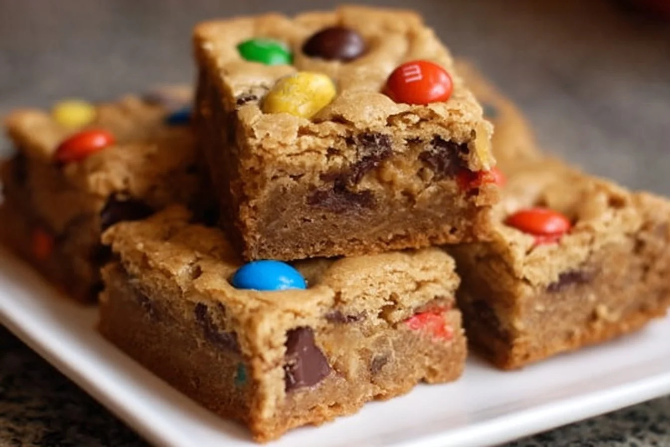 Thick and chewy peanut butter M&M bars on a plate, rich in flavor and texture.