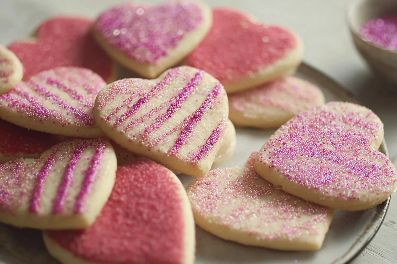 A variety of beautifully decorated Valentine cookies in heart shapes.