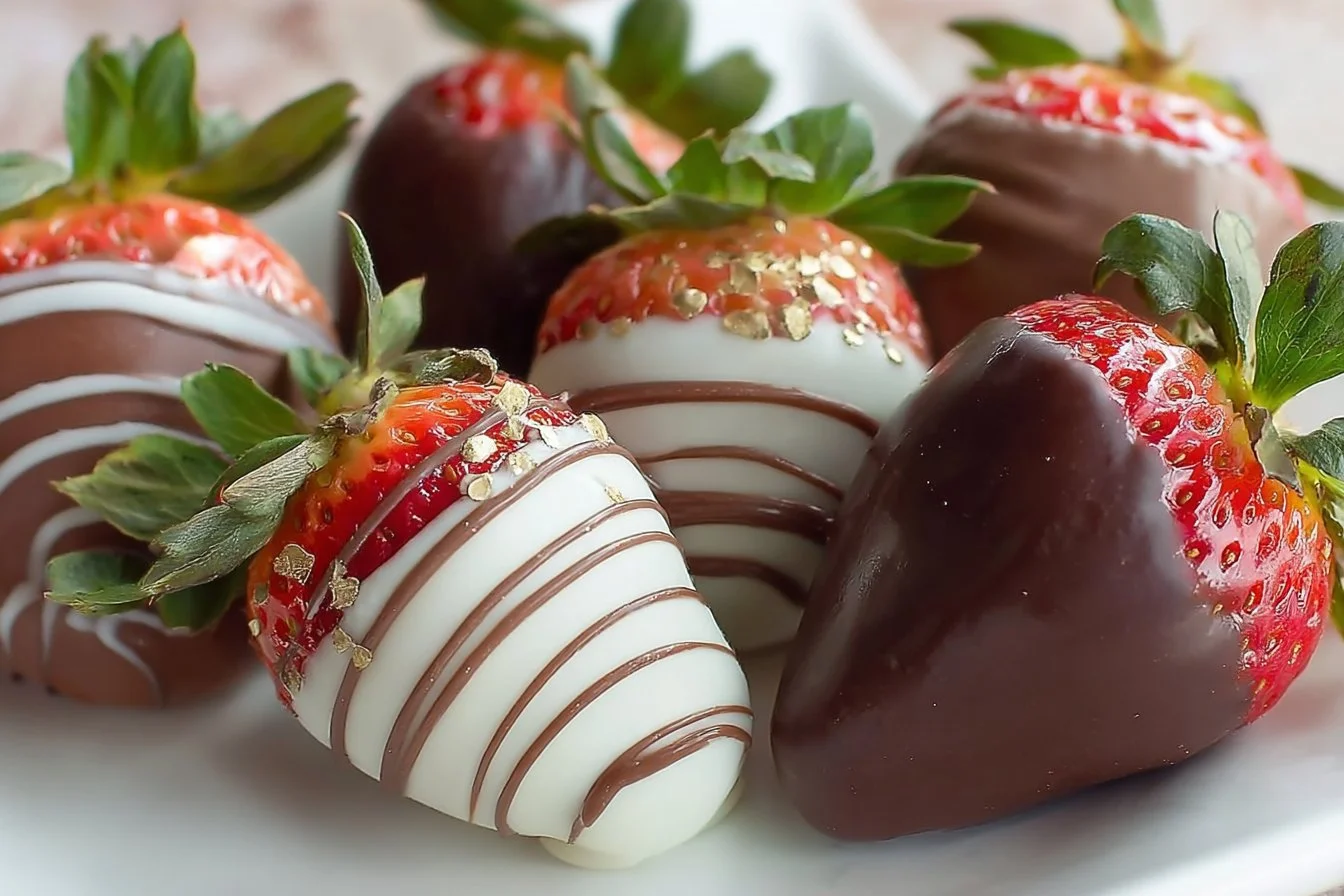 Delicious Valentine's Day chocolate covered strawberries on a decorative plate