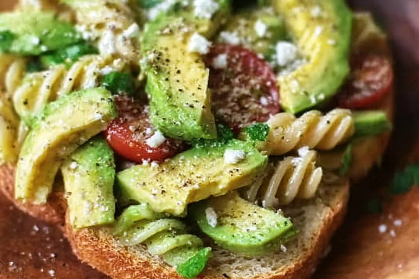Delicious avocado toast topped with tomatoes and herbs on a wooden table