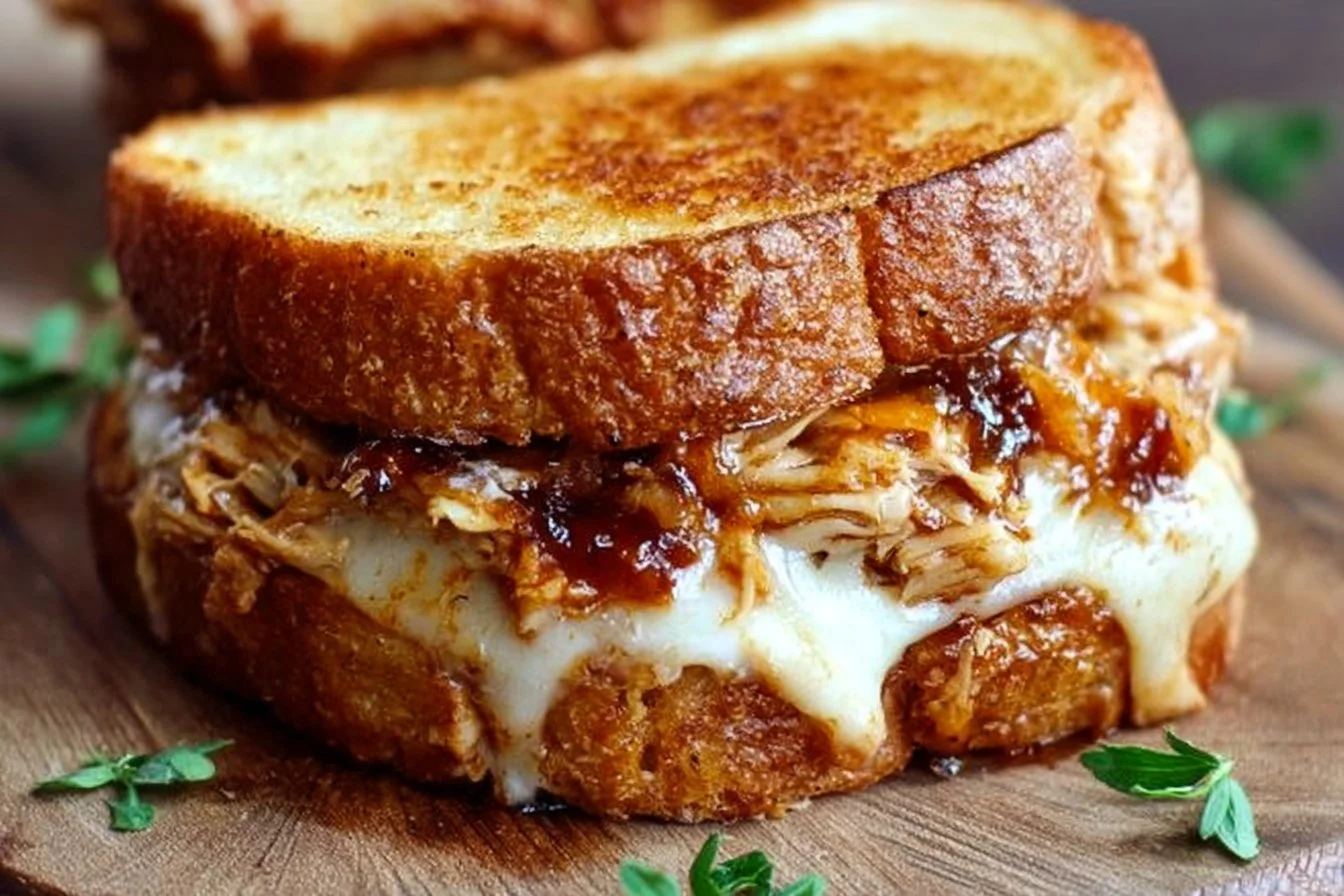 BBQ Chicken Grilled Cheese sandwich on a plate garnished with herbs