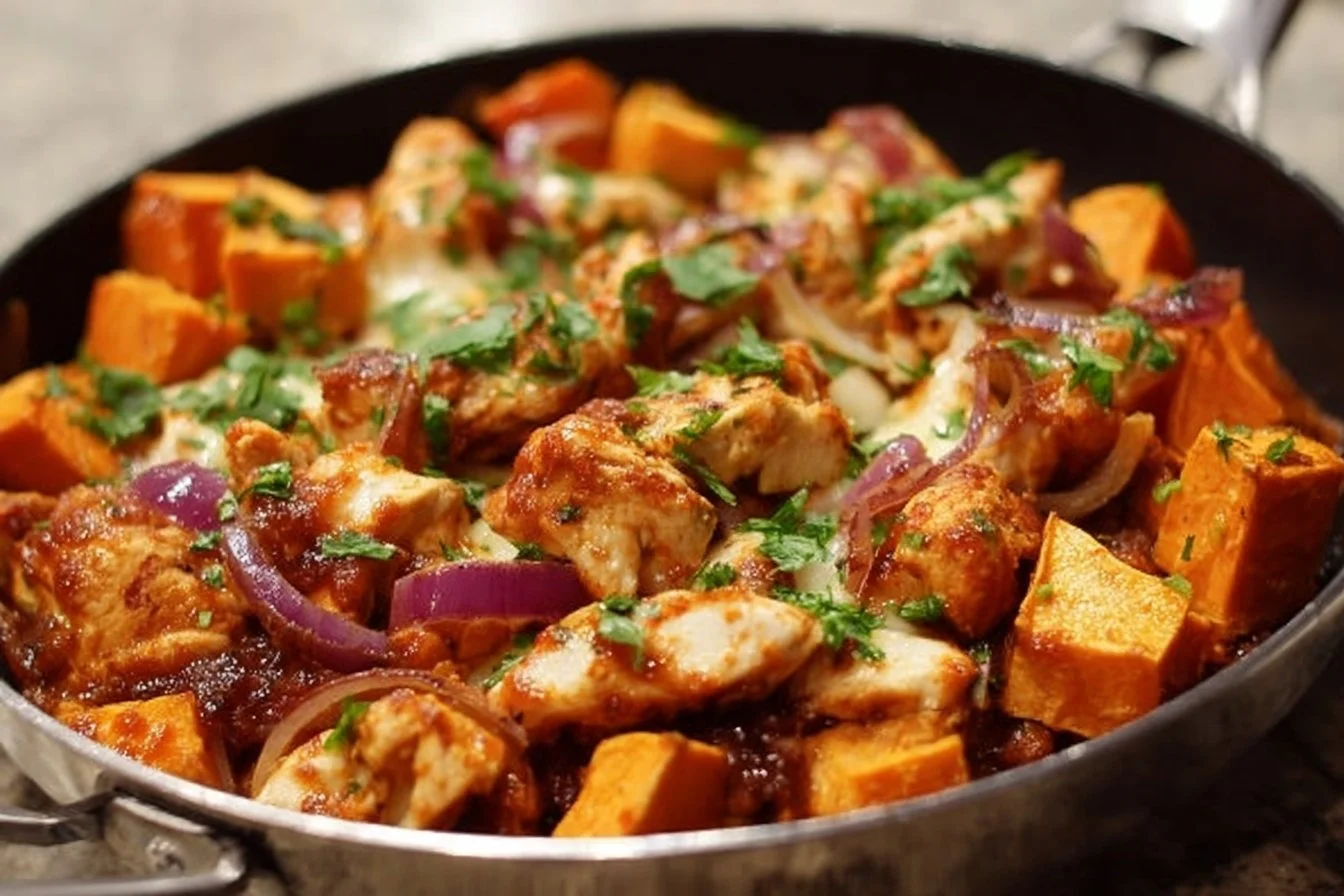 BBQ chicken sweet potato skillet topped with fresh herbs and served in a cast-iron pan.