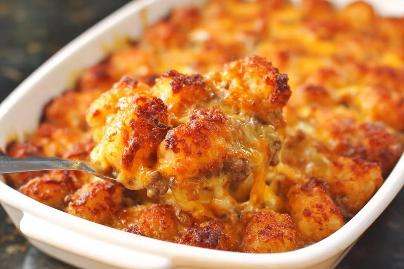 Cheeseburger Tater Tot Casserole with melted cheese and crispy tater tots
