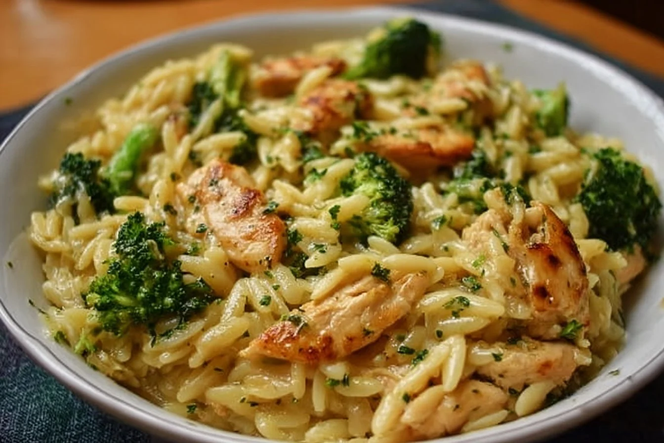 Cheesy chicken broccoli orzo served in a bowl, garnished with herbs.