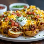 Plate of cheesy taco potatoes garnished with toppings