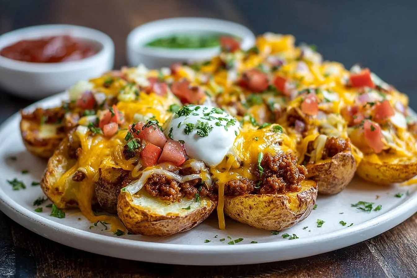 Plate of cheesy taco potatoes garnished with toppings