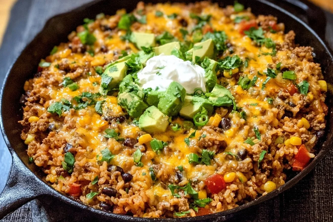 Cheesy taco rice skillet topped with cheese and fresh ingredients.