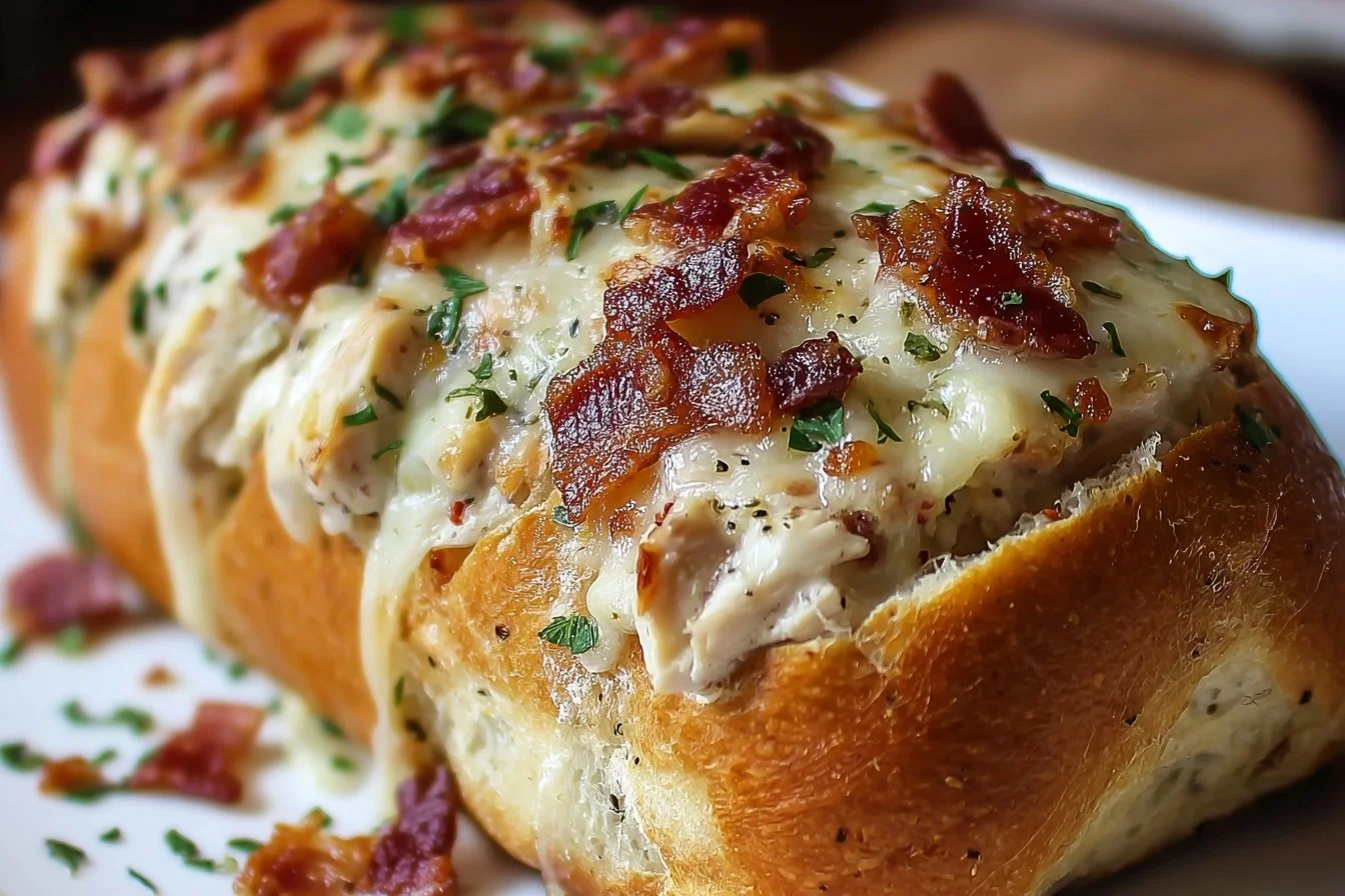 Chicken Bacon Ranch Stuffed Bread with melted cheese and crispy bacon