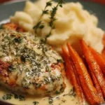 Plate of creamy herb chicken with mashed potatoes and honey glazed carrots