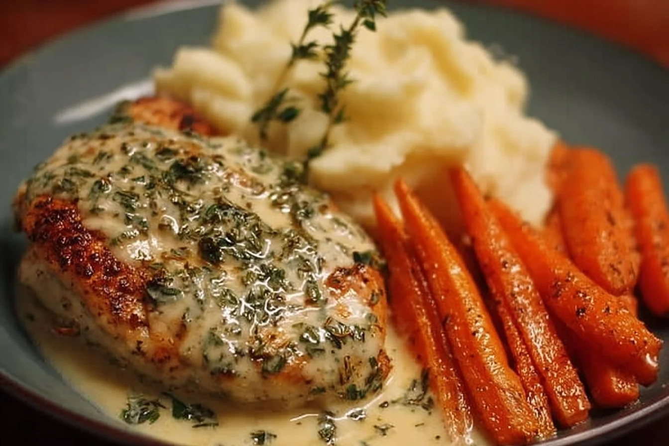 Plate of creamy herb chicken with mashed potatoes and honey glazed carrots