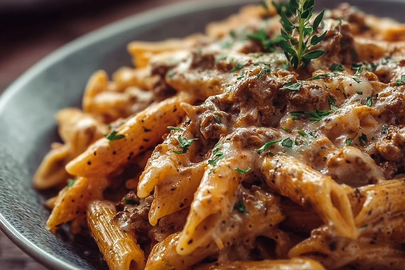 Creamy high protein beef pasta dish garnished with herbs and cheese