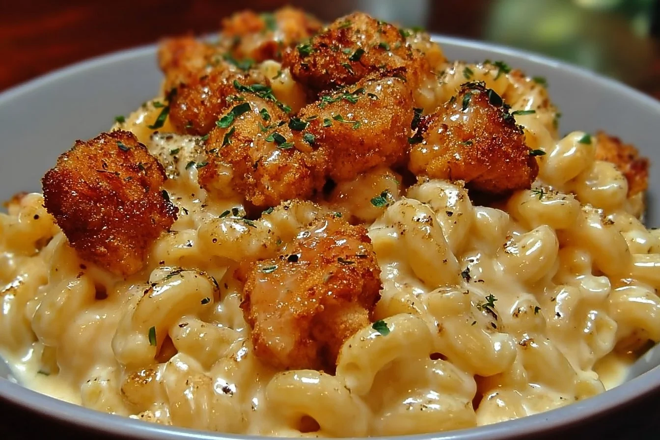 Creamy Honey Pepper Chicken Mac and Cheese Delight dish with spicy peppers and cheese