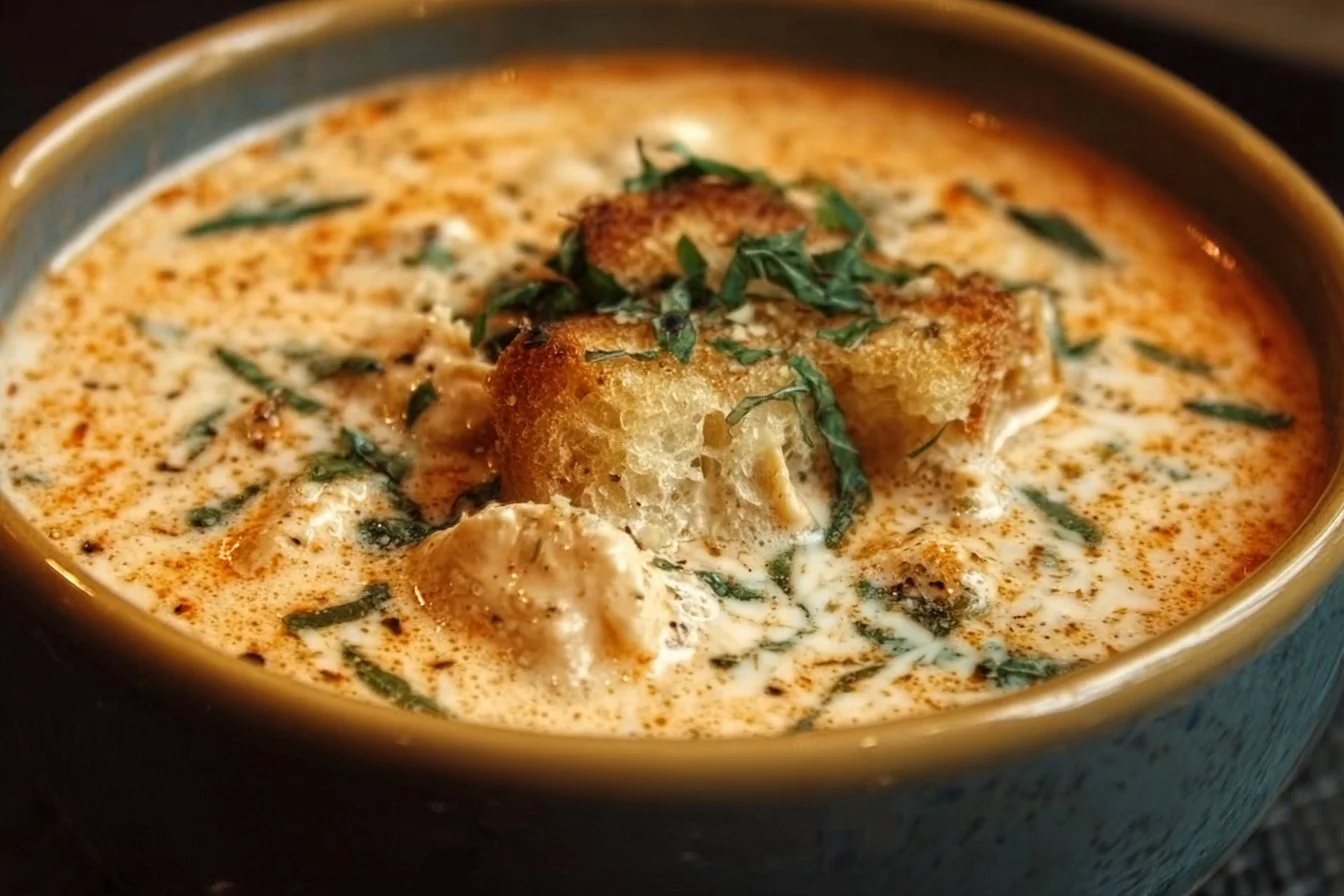 Crock Pot Creamy Chicken Parmesan Soup topped with cheese and herbs