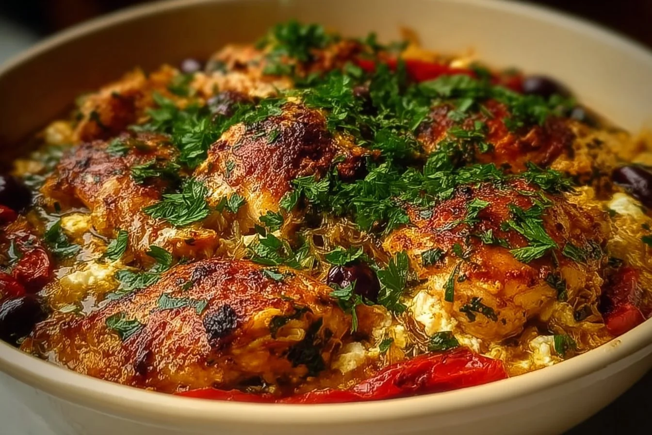 Delicious Greek Chicken Casserole with vibrant vegetables and herbs