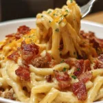 Loaded Bacon Cheeseburger Alfredo Pasta with bacon and cheese toppings