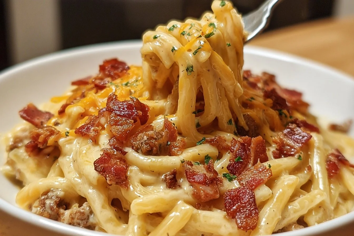 Loaded Bacon Cheeseburger Alfredo Pasta with bacon and cheese toppings