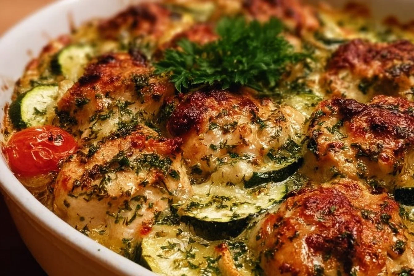 Mediterranean Chicken Zucchini Bake topped with fresh herbs and vegetables