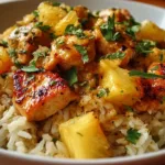 One-Pan Pineapple Chicken & Rice dish garnished with fresh herbs.