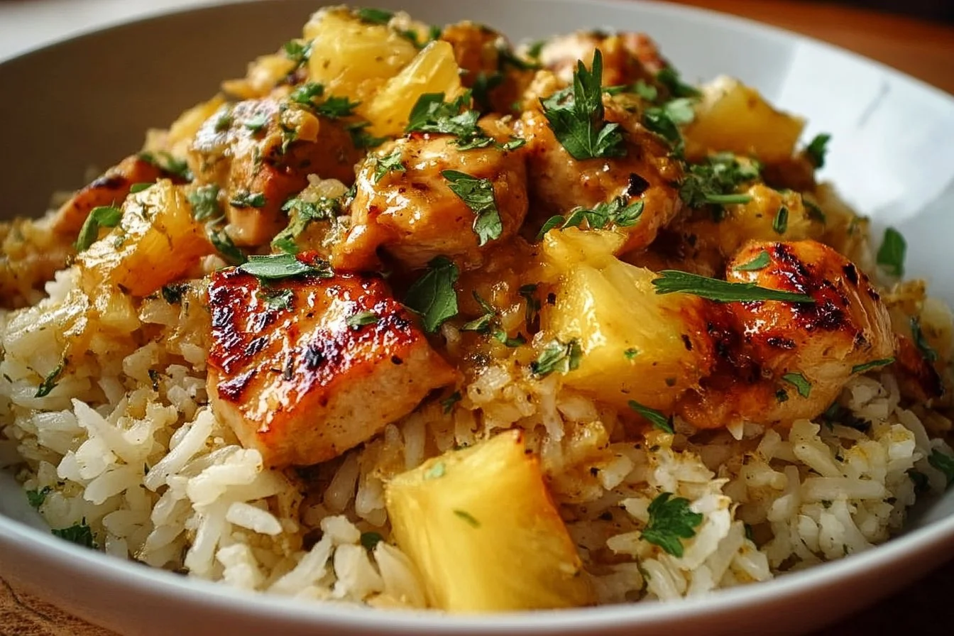 One-Pan Pineapple Chicken & Rice dish garnished with fresh herbs.