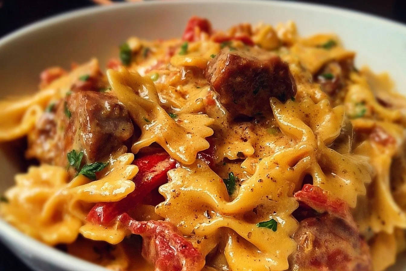 Creamy Cajun sausage pasta dish in a bowl garnished with herbs