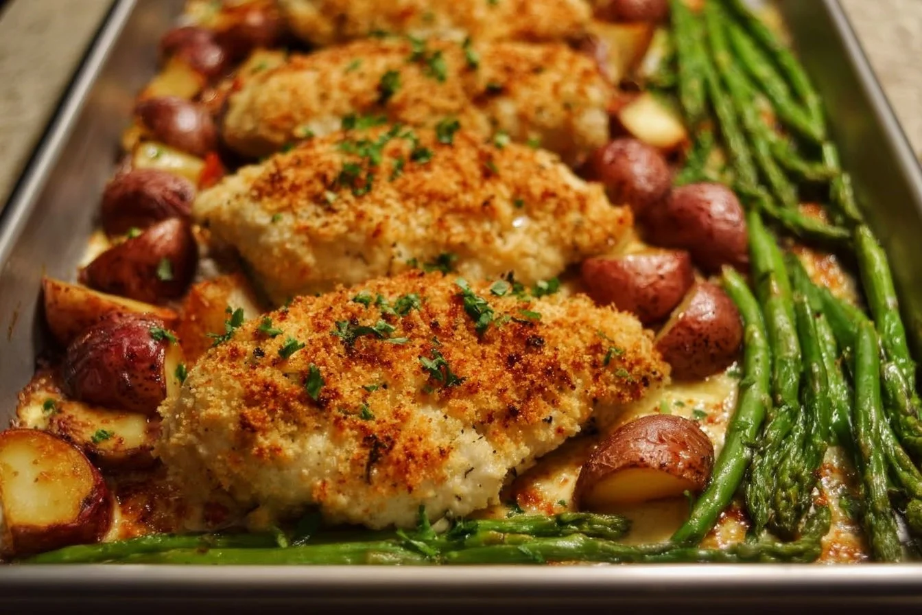 Parmesan Crusted Chicken served with crispy potatoes and green beans