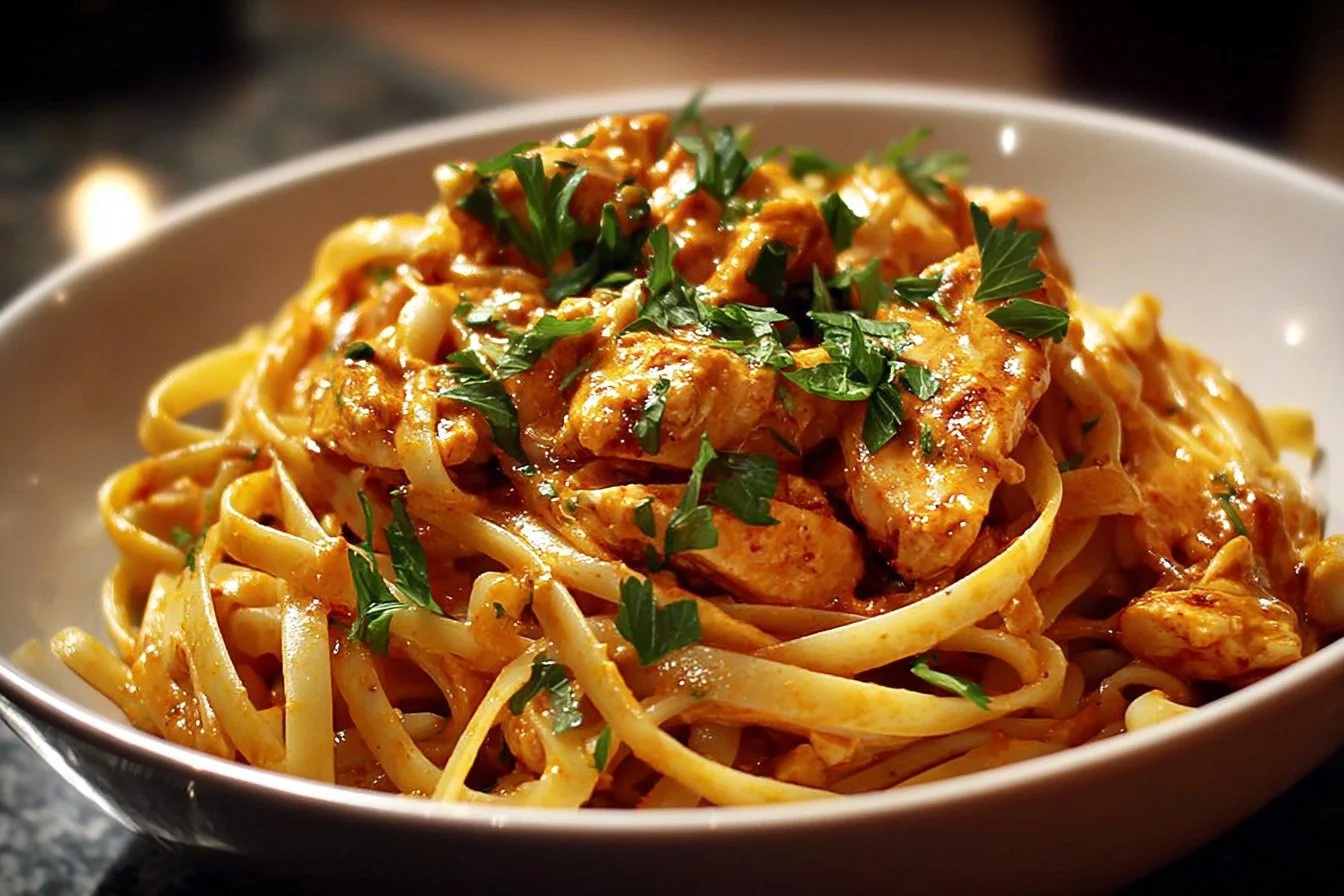 Plate of quick cowboy butter chicken linguine garnished with parsley